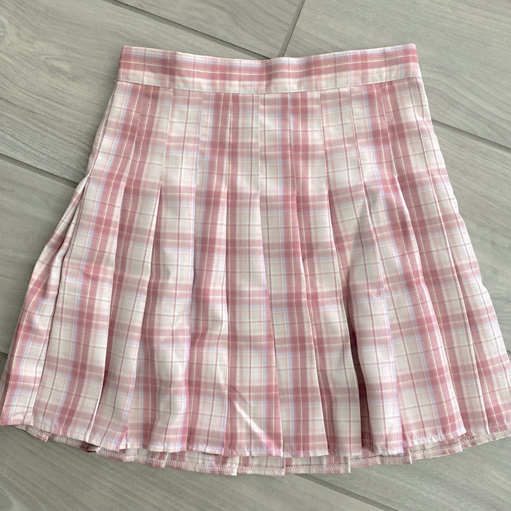 Romwe pink plaid pleated skirt